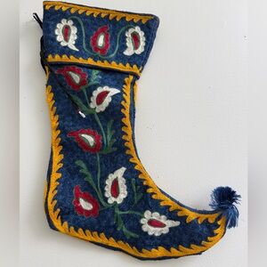 Vtg Uzbek Suzani Hand Embroidered Double Sided Blue Christmas Stocking Bohemi
